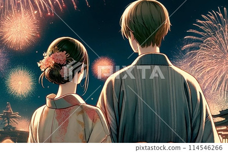 Couple in yukatas watching fireworks Fireworks festival Summer memories [AI generated image] 114546266