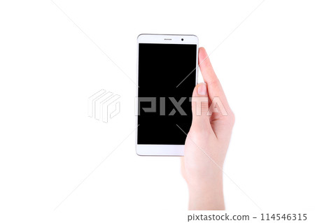 Female hands holding mobile phone with blank screen isolated on white Female hands holding mobile phone with blank screen isolated on white 114546315