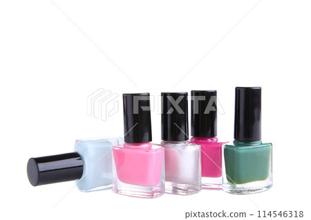 Group of bright nail polishes isolated on white 114546318
