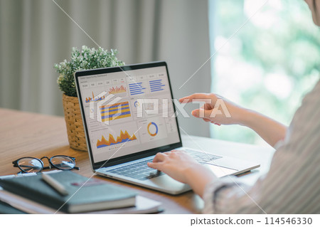 Advisor financial business analytics woman team analyzing data charts, graphs, and a dashboard on laptop screen. Data analysis concept Advisor financial business analytics woman team analyzing data charts, graphs, and a dashboard on laptop screen. Data analysis concept 114546330