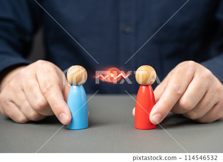 Conflict between people. Managed conflict and confrontation. Search for a compromise. Dispute resolution of opposing sides. Mediation of conflicting parties. 114546532