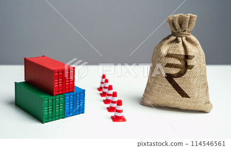 Shipping containers with goods and indian rupee money bag are separated by a barrier. Economic sanctions. Break a trade deal. Naval blockade. Logistics difficulties. 114546561