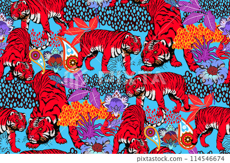 Seamless pattern of tiger and flowers. Suitable for fabric, mural, wrapping paper and the like. Vector illustration Seamless pattern of tiger and flowers. Suitable for fabric, mural, wrapping paper and the like. Vector illustration 114546674
