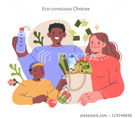 Eco-conscious Choices illustration. A millennial family happily engages in sustainable living, showcasing recycling and healthy food choices. Vector illustration. 114546698