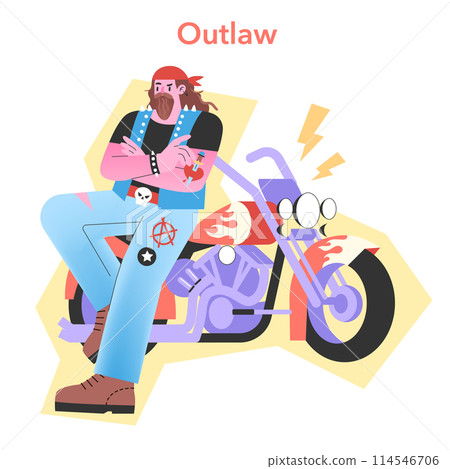 Outlaw Archetype illustration. A rebellious biker exudes freedom and nonconformity, with a thunderous motorcycle backdrop. Edgy and bold vector design. Outlaw Archetype illustration. A rebellious biker exudes freedom and nonconformity, with a thunderous motorcycle backdrop. Edgy and bold vector design. 114546706