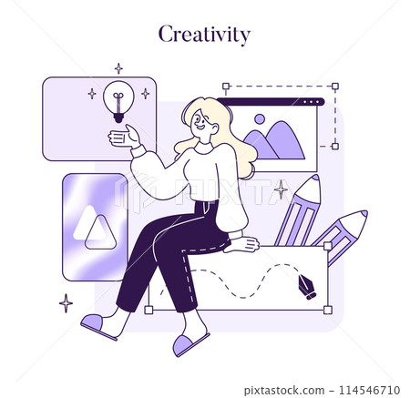 Creativity concept. A cheerful woman engages with digital art tools, her creativity flowing into vibrant illustrations, embodying artistic expression. Vector illustration 114546710