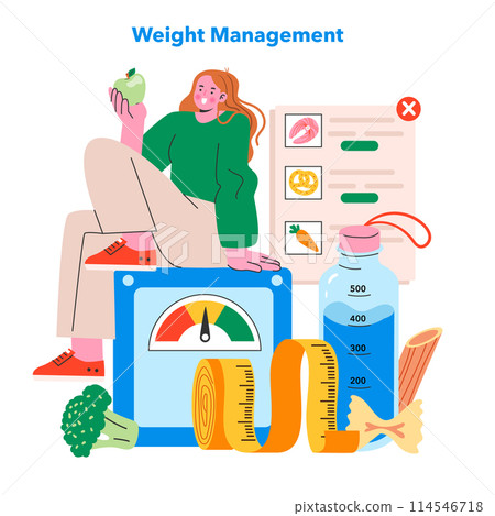 Weight Management concept. A woman sits on a scale, considering healthy food choices for effective weight control. Nutritional awareness and lifestyle balance. Vector illustration. 114546718