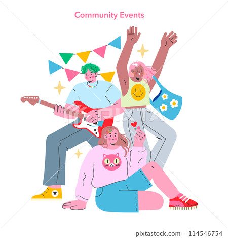 Teen Retail Community set. Joyful teens partake in local events, sharing music and companionship. Celebratory atmosphere, youthful spirit, community connection. Vector illustration. 114546754