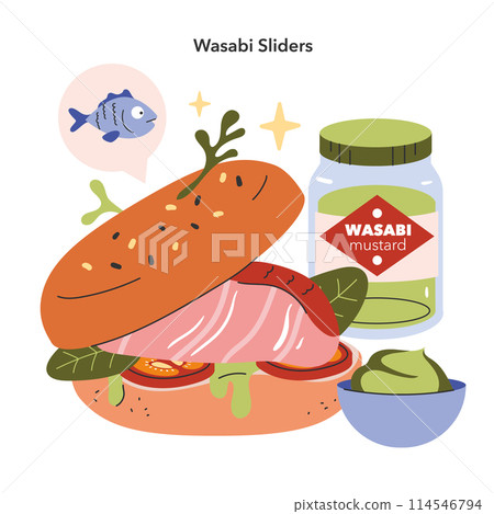 Wasabi Sliders concept. Fusion cuisine featuring a fish slider with wasabi mustard, blending diverse culinary traditions. Asian influence on global food trends. Vector illustration. 114546794