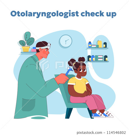 Ear, nose, and throat exam. Focused otolaryngologist uses otoscope to check young patient ear health in serene clinic environment. Keeping kids wellbeing in check. Vector illustration 114546802