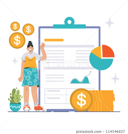 Financial Statement concept. Confident woman presents data alongside floating coins, a pie chart, and a growth curve. Showcasing profit analysis and fiscal reports. Flat vector illustration Financial Statement concept. Confident woman presents data alongside floating coins, a pie chart, and a growth curve. Showcasing profit analysis and fiscal reports. Flat vector illustration 114546837