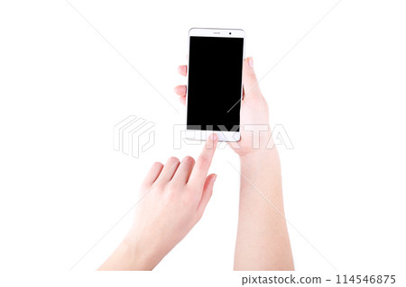 Female hands holding mobile phone with blank screen isolated on white 114546875