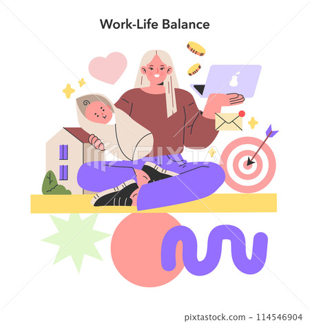 Work-Life Balance concept. A multitasking mom balances parenting and career, symbolizing the modern family's integration of work and home life. Nurturing and ambition in harmony. Vector illustration. Work-Life Balance concept. A multitasking mom balances parenting and career, symbolizing the modern family's integration of work and home life. Nurturing and ambition in harmony. Vector illustration. 114546904