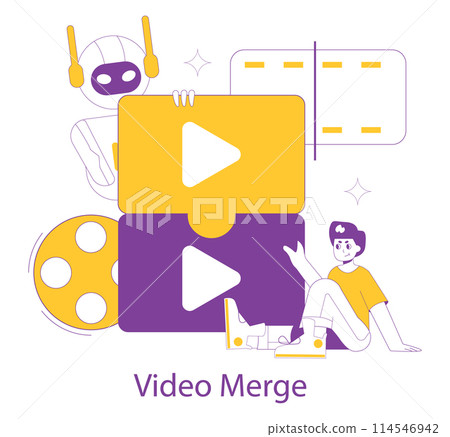 AI video creation concept. Robot and person collaborating on merging footage for seamless video production. Video editing technology advances. Vector illustration. 114546942
