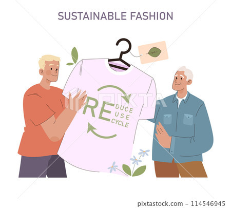 Sustainable Fashion set. Advocating for environmental responsibility with recycled clothing. Men showcasing a t-shirt with eco-conscious message. Circular economy in apparel industry. 114546945