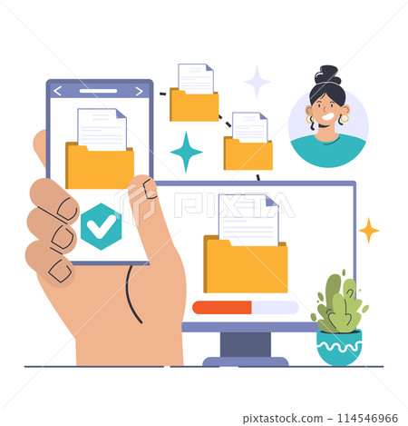 File Sharing concept. Hand holding a phone with transferred documents, woman's portrait signifies collaboration, data distribution and synchronization on devices. Digital teamwork made easy 114546966