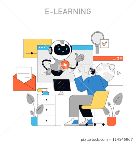E-Learning concept. Engaging with AI for personalized online education experiences. Interactive digital platforms for skill enhancement. Vector illustration. 114546967