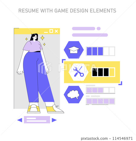 Creative resume concept. A modern CV layout with game-like graphics and character avatar integration. Interactive career showcase. Vector illustration. Creative resume concept. A modern CV layout with game-like graphics and character avatar integration. Interactive career showcase. Vector illustration. 114546971