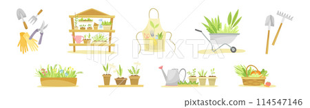 Gardening with Tool and Equipment for Plant Cultivation and Agriculture Vector Set 114547146
