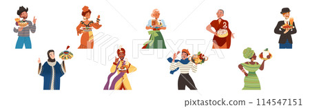 Gastronomic Tourism with People Character Holding Authentic Dish of Native Cuisine Vector Illustration Set 114547151