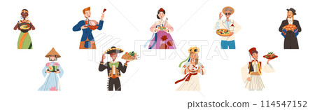 Gastronomic Tourism with People Character Holding Authentic Dish of Native Cuisine Vector Illustration Set 114547152
