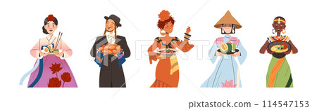 Gastronomic Tourism with People Character Holding Authentic Dish of Native Cuisine Vector Illustration Set 114547153