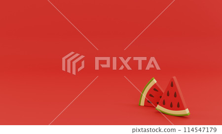Red sliced watermelon with green rind and seeds on red background. 3D render. Background. For text. Red sliced watermelon with green rind and seeds on red background. 3D render. Background. For text. 114547179
