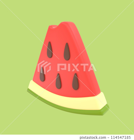 A cut triangular red watermelon slice with dark seeds on a green background halfway through. With a bite out of the slice. 3D rendering A cut triangular red watermelon slice with dark seeds on a green background halfway through. With a bite out of the slice. 3D rendering 114547185