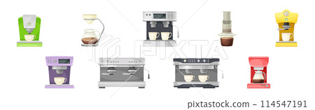 Coffee Brewing with Coffeemaker as Cafe Cooking Appliance Vector Set Coffee Brewing with Coffeemaker as Cafe Cooking Appliance Vector Set 114547191