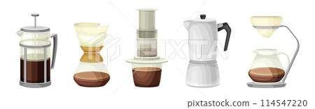 Coffee Brewing with Coffeemaker and Percolator as Cafe Cooking Appliance Vector Set 114547220