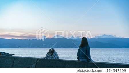 A person on Hatsushima Island looking at Mount Fuji across the sea at dusk A person on Hatsushima Island looking at Mount Fuji across the sea at dusk 114547299
