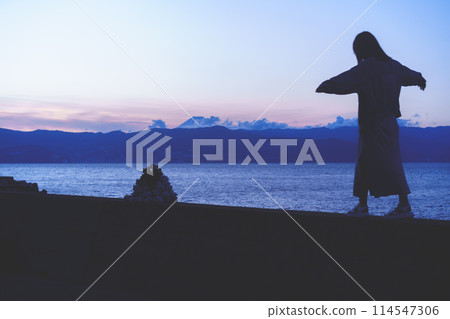 A person on Hatsushima Island looking at Mount Fuji across the sea at dusk A person on Hatsushima Island looking at Mount Fuji across the sea at dusk 114547306