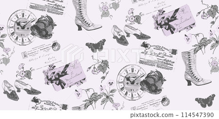 Vintage style seamless pattern with fragments of letters and flowers and butterflies 114547390