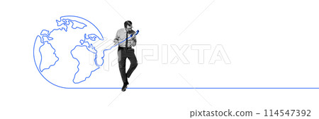Businessman talking on phone connected to globe. Global business communication, international connections. Contemporary art collage. 114547392