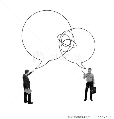 Business collaboration and strategic dialogue. Two businessmen with speech bubbles over head. Contemporary art collage. Business collaboration and strategic dialogue. Two businessmen with speech bubbles over head. Contemporary art collage. 114547502