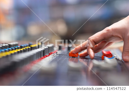 Closeup of audio mixer control panel 114547522