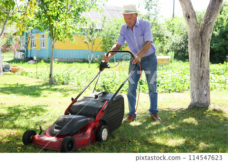 Cheerful mature man with lawnmower on a farm Cheerful mature man with lawnmower on a farm 114547623