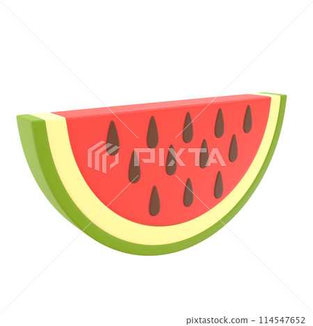 Cut slice of red watermelon with dark seeds in half-turn. 3D rendering Cut slice of red watermelon with dark seeds in half-turn. 3D rendering 114547652