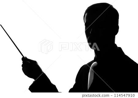 Young man in suit and tie shows pointer forward 114547910