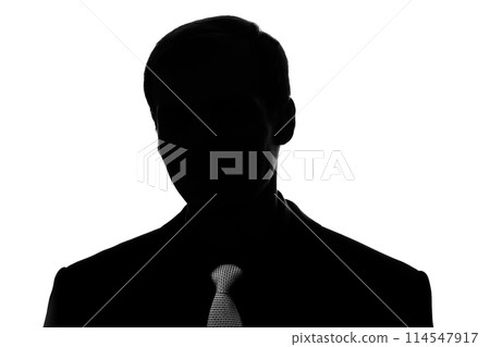Portrait young man in suit, tie in silhouette - front view Portrait young man in suit, tie in silhouette - front view 114547917