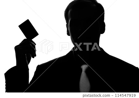 Portrait young man in suit, tie with plastic card - silhouette Portrait young man in suit, tie with plastic card - silhouette 114547919