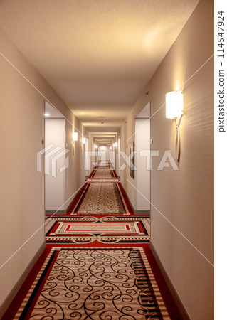 Long hotel corridor with red carpet 114547924