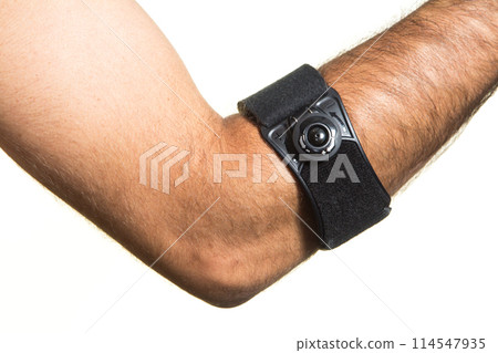 Elbow bandage on a man's hand - isolate Elbow bandage on a man's hand - isolate 114547935