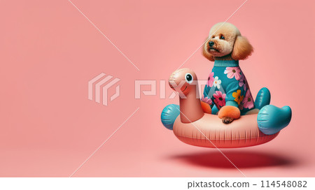 Funny dog wearing summer fashion with rubber ring on pastel background. Summer Vacation Concept. 114548082