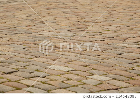 Street pavement texture in tiles. Grey rectangular old tiles. For text. Background. Horizontal. Street pavement texture in tiles. Grey rectangular old tiles. For text. Background. Horizontal. 114548095