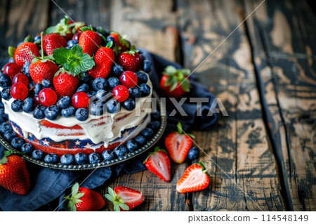 Cake with various berries on rustic table. Strawberries, blueberries, red currants. Ai generative 114548149