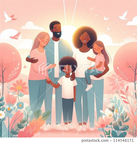 Family standing in a flower field 114548171