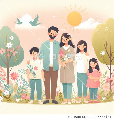 Family standing in a flower field 114548173