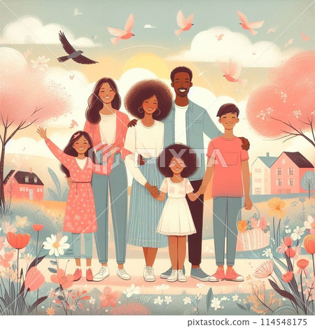 Family standing in a flower field 114548175