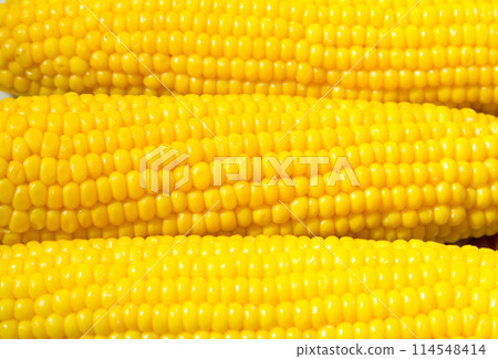 Tasty boiled corn on a plate sunflower - macro Tasty boiled corn on a plate sunflower - macro 114548414